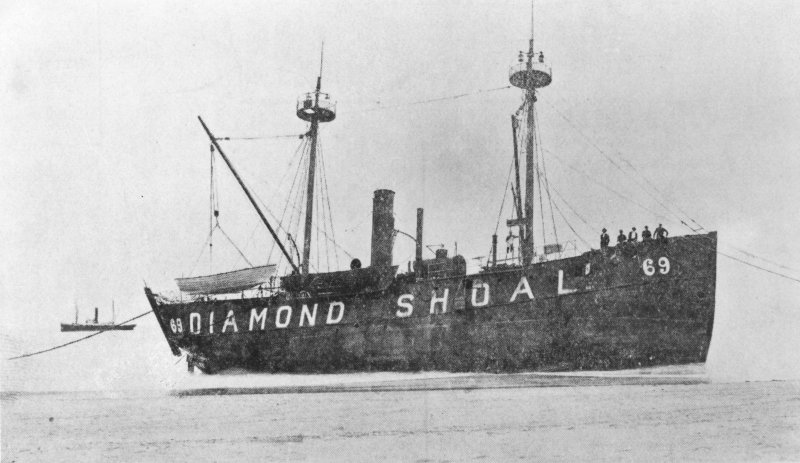 LV-69 was the second ship to serve at the Overfalls station from 1901-25. This photograph was made when the ship served Diamond Shoal from 1897-1901. SOURCE: LIGHTHOUSE ESTABLISHMENT